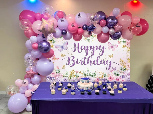 Alt view image 4 of 7 - Purple Floral Happy Birthday Backdrop 7x5FT Watercolor Butterflies Flowers Photography Background Women Girls Birthday Party Decorations Cake Table Banner Photo Props