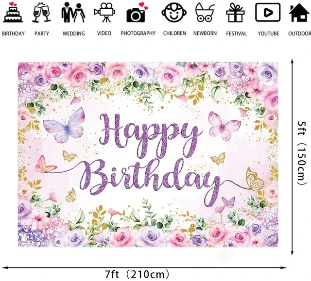 Alt view image 6 of 7 - Purple Floral Happy Birthday Backdrop 7x5FT Watercolor Butterflies Flowers Photography Background Women Girls Birthday Party Decorations Cake Table Banner Photo Props