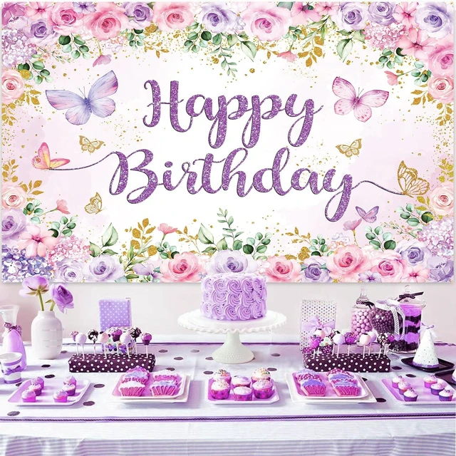 Alt view image 5 of 7 - Purple Floral Happy Birthday Backdrop 7x5FT Watercolor Butterflies Flowers Photography Background Women Girls Birthday Party Decorations Cake Table Banner Photo Props