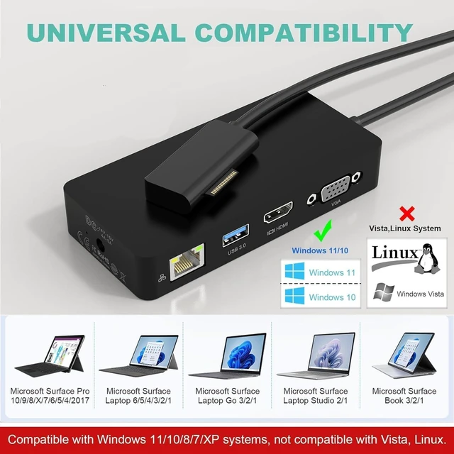Alt view image 6 of 7 - for Microsoft Surface Dock Triple Displays HDMI+VGA, 11 in 1 Surface pro Docking Station for Surface Pro 10/9/8/X/7/6/5/4,Surface Laptop 6/5/4/3/2, Surface Book (HDMI VGA Ethernet SD/TF Audio 5*USB)