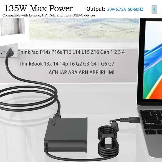 Alt view image 4 of 6 - 135W USB C Slim Charger fit for Lenovo thinkpad p16s p14s Gen 6 5 4 3 2 Compatible with ADL135YSDC3A T16 Z16 Gen 2 Gen 3 Gen 4 Gen 5 ThinkBook 13x 14 14p 16 Laptop Adapter Power Supply 6.75A