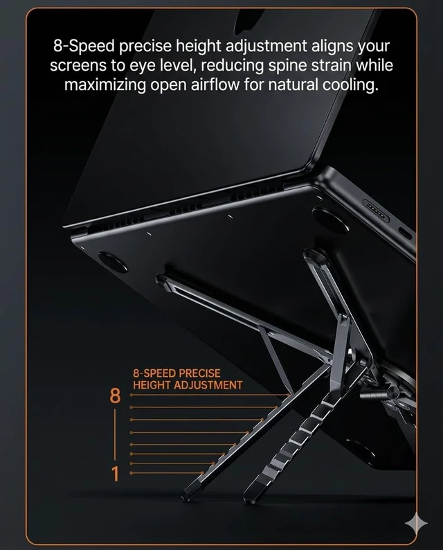 Alt view image 5 of 7 - Foldable Magnetic Laptop Stand, Portable Aluminum Ergonomic Riser Compatible with Pad and laptops up to 16", aerospace aluminum, 8-Level adjustable height, lightweight for office & travel
