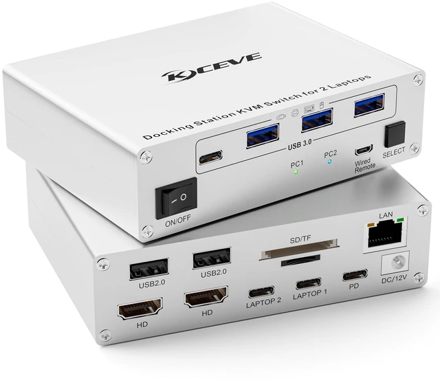 Main image of 15-in-1 KVM USB C Docking Station, KVM Switch 2 Monitors 2 Laptops HDMI 4K@60Hz, 80W PD, USB 3.0, 5Gbps, MST, Gigabit Ethernet, SD/TF Card, Wired Remote(4K USB C HDMI 2 in 2 out KVM)