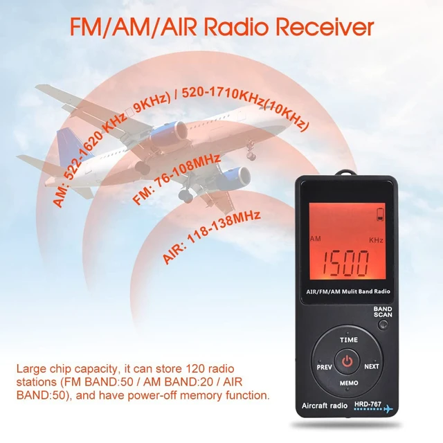 Alt view image 2 of 7 - Aircraft Band Radio Receiver, Hand-held AM FM Portable FM/AM/AIR Band Radio with Backlit LCD Display, Earphone and Sleep Timer, Builtin 400mAh Lithium Battery