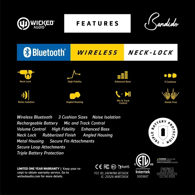 Alt view image 5 of 7 - Bandido Wireless Bluetooth Earbuds with Microphone and Track Control Wireless Headset with Metal Housing, Loop and Fin Attachments and Enhanced Bass Black