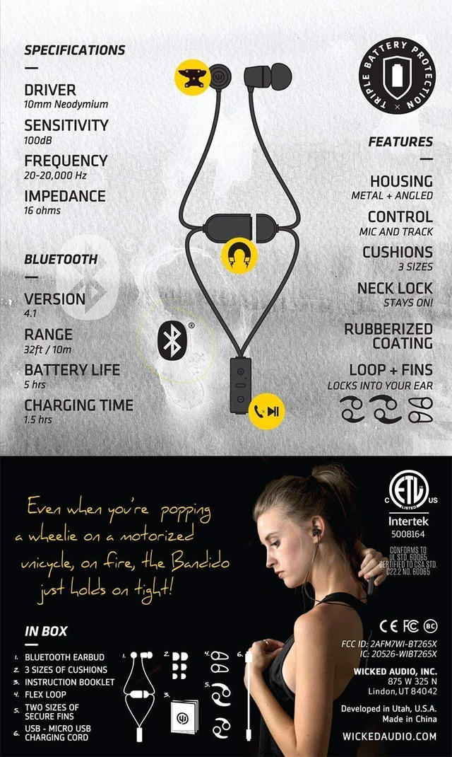Alt view image 7 of 7 - Bandido Wireless Bluetooth Earbuds with Microphone and Track Control Wireless Headset with Metal Housing, Loop and Fin Attachments and Enhanced Bass Black