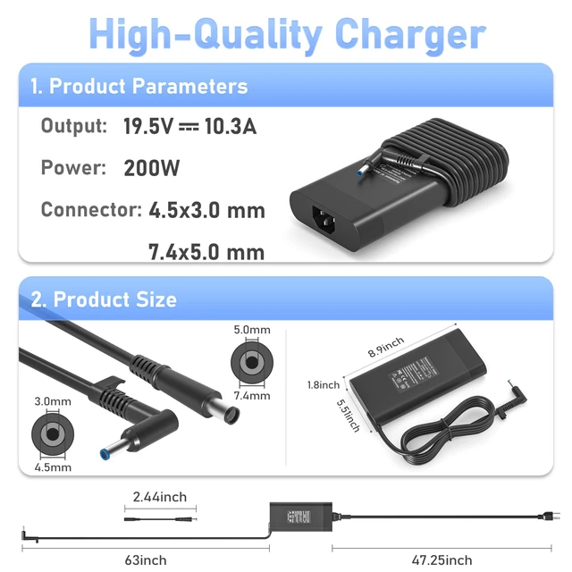 Alt view image 2 of 7 - 200W Laptop Charger for HP Omen, Pavilion Gaming 15 16 17, Victus 15 16 for Victus 15 16, ZBook 15 17 Fury Create Studio Envy 15 2020 TPN-DA10 Gaming Laptop Power Adapter Supply AC Adapter