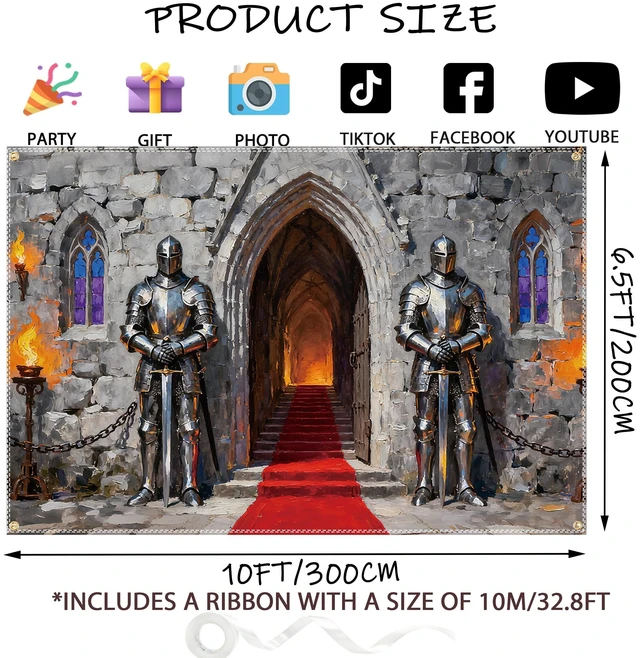 Alt view image 2 of 7 - Medieval Backdrop 10x6.5ft Medieval Party Decorations Knight Castle Backdrop Knight Themed Banner Wall Decor Photo Background with 32.8ft Ribbon