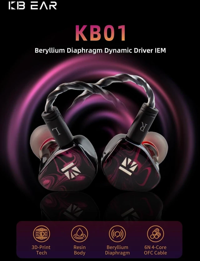 Alt view image 2 of 7 - KBEAR KB01 in Ear Monitor, 10mm Beryllium Diaphragm Dynamic Driver IEMs, HiFi Gaming Earbuds with Clarity Sound 3D-Printed Resin Shell, 6N OFC 2PIN Cable for Musicians Audio Engineers Singers (Red)