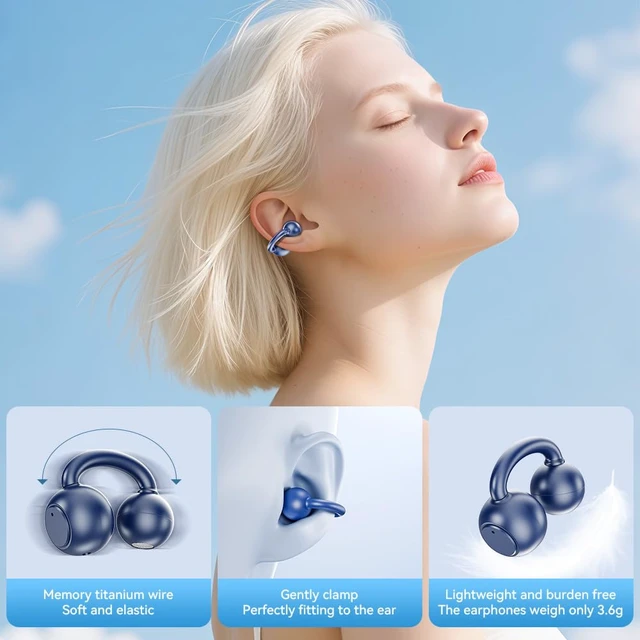 Alt view image 2 of 7 - Open Ear Earbuds, Bluetooth Clip On Headphones for Sports (Dark Blue)