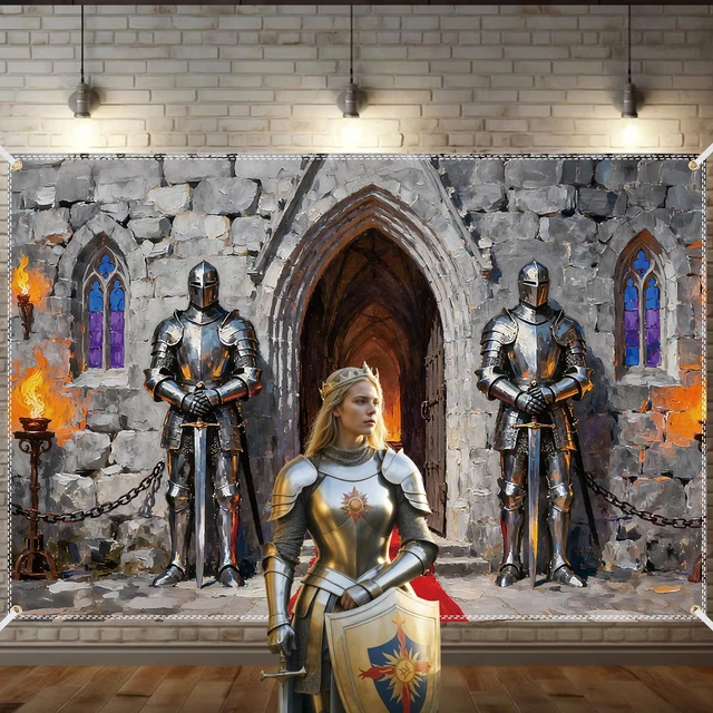 Alt view image 5 of 7 - Medieval Backdrop 10x6.5ft Medieval Party Decorations Knight Castle Backdrop Knight Themed Banner Wall Decor Photo Background with 32.8ft Ribbon