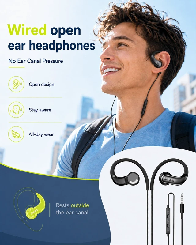 Alt view image 2 of 7 - Wired Open Ear Headphones with Mic,Headphones Wired Open Ear Earbuds 3.5mm 5 ft/1.5 m cord,built-in mic for calls,comfortable open-ear fit for work,home,travel and everyday listening
