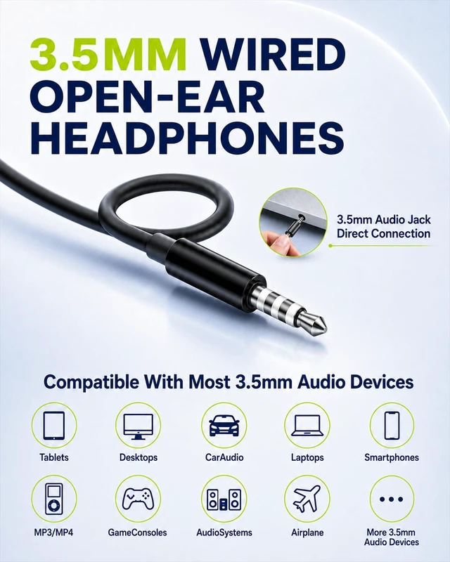 Alt view image 6 of 7 - Wired Open Ear Headphones with Mic,Headphones Wired Open Ear Earbuds 3.5mm 5 ft/1.5 m cord,built-in mic for calls,comfortable open-ear fit for work,home,travel and everyday listening