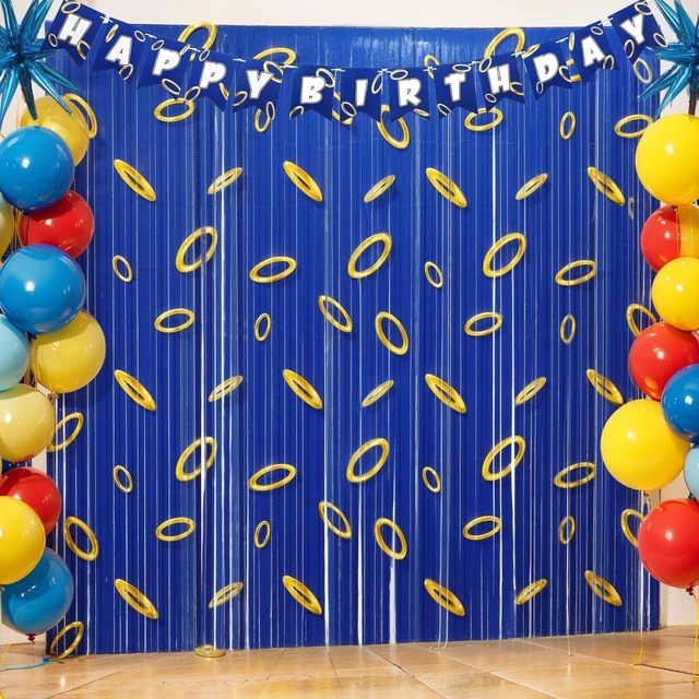 Main image of 5 Pack Blue Gold Birthday Tinsel Foil Fringe Curtain, 3.3 x 6.6ft Blue with Gold Ring Print, Cartoon Theme Birthday Party Decoration, Backdrop, Room, Doorway Decor (Only Curtain)
