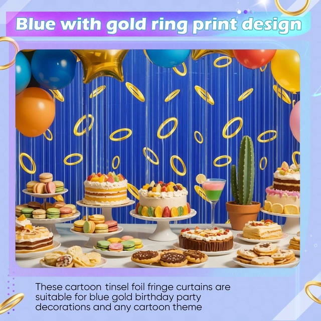 Alt view image 3 of 6 - 5 Pack Blue Gold Birthday Tinsel Foil Fringe Curtain, 3.3 x 6.6ft Blue with Gold Ring Print, Cartoon Theme Birthday Party Decoration, Backdrop, Room, Doorway Decor (Only Curtain)