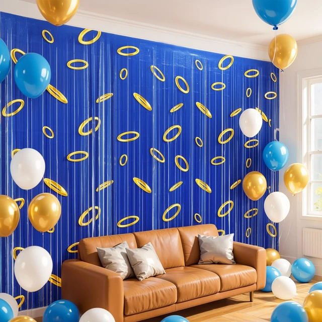 Alt view image 4 of 6 - 5 Pack Blue Gold Birthday Tinsel Foil Fringe Curtain, 3.3 x 6.6ft Blue with Gold Ring Print, Cartoon Theme Birthday Party Decoration, Backdrop, Room, Doorway Decor (Only Curtain)
