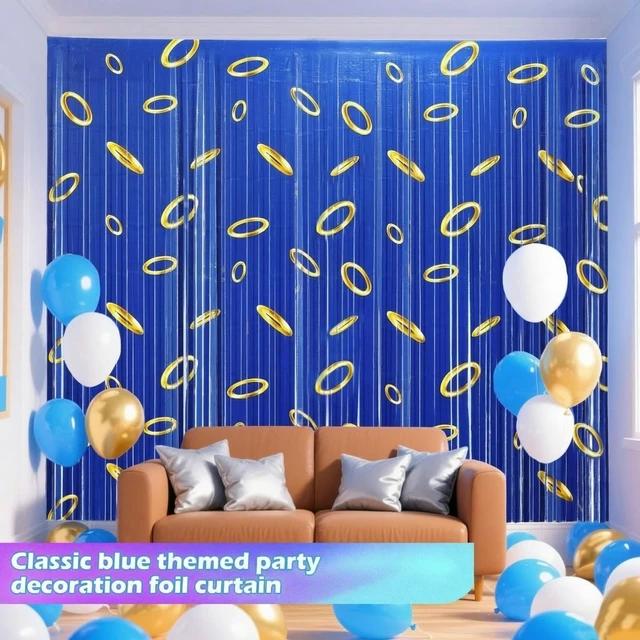 Alt view image 5 of 6 - 5 Pack Blue Gold Birthday Tinsel Foil Fringe Curtain, 3.3 x 6.6ft Blue with Gold Ring Print, Cartoon Theme Birthday Party Decoration, Backdrop, Room, Doorway Decor (Only Curtain)