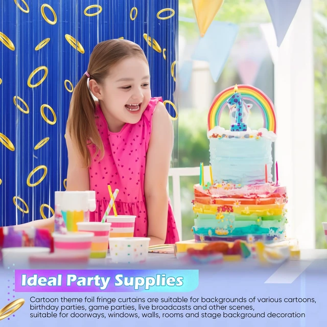 Alt view image 6 of 6 - 5 Pack Blue Gold Birthday Tinsel Foil Fringe Curtain, 3.3 x 6.6ft Blue with Gold Ring Print, Cartoon Theme Birthday Party Decoration, Backdrop, Room, Doorway Decor (Only Curtain)