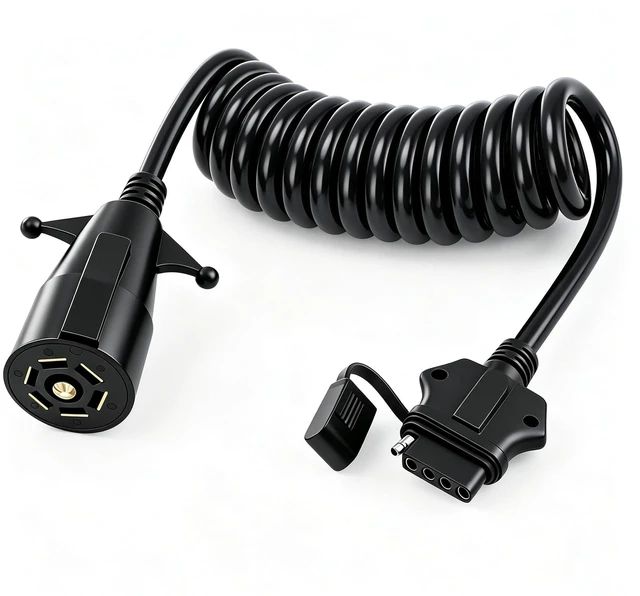 Main image of 7 Way Round to 5 Way Flat Coiled Trailer Adapter 7 Pin to 5 Pin 8Ft Heavy Duty Coiled Trailer Wiring Adapter with Pure Copper Conductors, Weatherproof Design, Plug-and-Play Installation