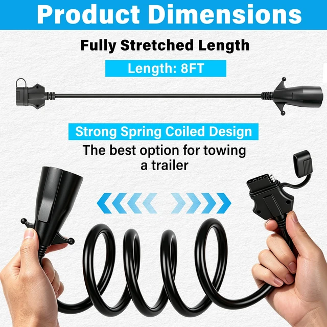 Alt view image 3 of 7 - 7 Way Round to 5 Way Flat Coiled Trailer Adapter 7 Pin to 5 Pin 8Ft Heavy Duty Coiled Trailer Wiring Adapter with Pure Copper Conductors, Weatherproof Design, Plug-and-Play Installation