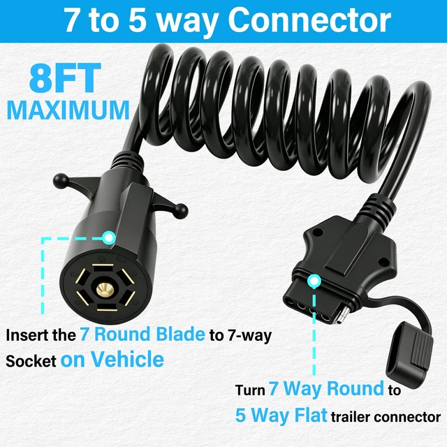 Alt view image 2 of 7 - 7 Way Round to 5 Way Flat Coiled Trailer Adapter 7 Pin to 5 Pin 8Ft Heavy Duty Coiled Trailer Wiring Adapter with Pure Copper Conductors, Weatherproof Design, Plug-and-Play Installation