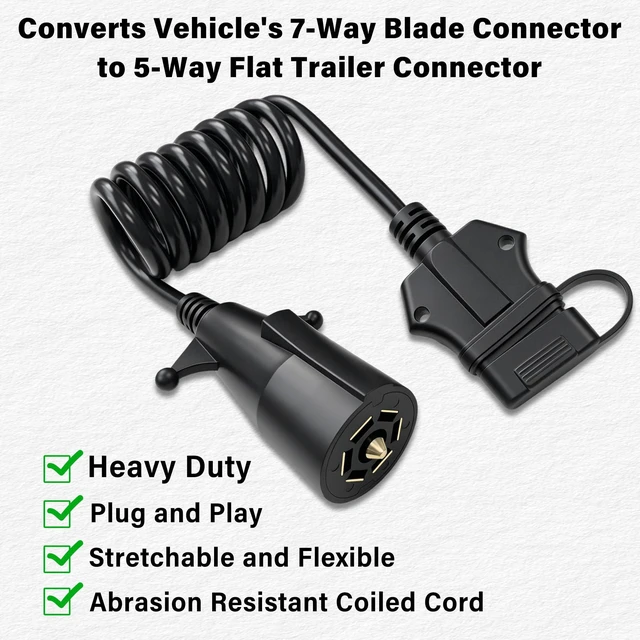 Alt view image 4 of 7 - 7 Way Round to 5 Way Flat Coiled Trailer Adapter 7 Pin to 5 Pin Heavy Duty Coiled Trailer Wiring Adapter with Pure Copper Conductors,Weatherproof Design,Plug-and-Play Installation(5FT)