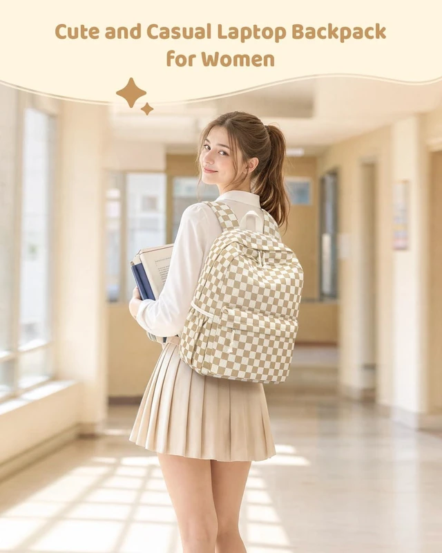 Alt view image 2 of 6 - 20L Laptop Backpack for Women Cute Corduroy Casual Daypack Backpack 17" Large Lightweight Vintage Backpack, Water Resistant Casual Daypack for Adult, Daily Use for Work Travel Hiking