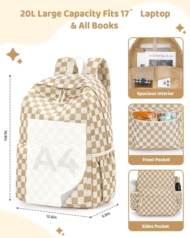 Alt view image 3 of 6 - 20L Laptop Backpack for Women Cute Corduroy Casual Daypack Backpack 17" Large Lightweight Vintage Backpack, Water Resistant Casual Daypack for Adult, Daily Use for Work Travel Hiking