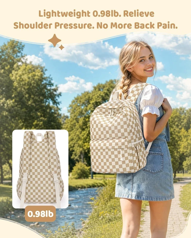 Alt view image 5 of 6 - 20L Laptop Backpack for Women Cute Corduroy Casual Daypack Backpack 17" Large Lightweight Vintage Backpack, Water Resistant Casual Daypack for Adult, Daily Use for Work Travel Hiking