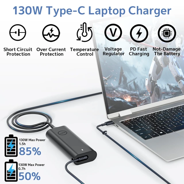 Alt view image 4 of 7 - 130W USB C Charger Fit for DELL XPS Precision Latitude Laptop Power Adapter Portable GaN New Slim, Fast Charging Indicator Light, Stable High-Power Output, Fit for Dell inspiron Plus Pro 100w Type c