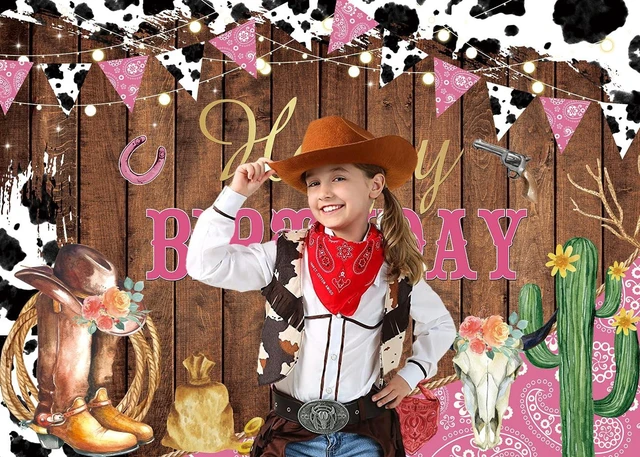 Alt view image 3 of 7 - Western Cowgirl Happy Birthday Backdrop Cow Print Pink Wild Party Banner Rustic West Rodeo Boot Cowgirl Birthday Photography Background Western Party Decorations Supplies Banner
