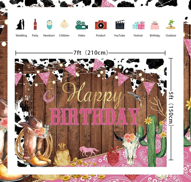 Alt view image 6 of 7 - Western Cowgirl Happy Birthday Backdrop Cow Print Pink Wild Party Banner Rustic West Rodeo Boot Cowgirl Birthday Photography Background Western Party Decorations Supplies Banner