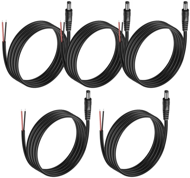Main image of 5Pack DC 5.5mm x 2.5mm Male Plug to Bare Wire Open End Power Wire Supply 5521 Pigtail Repair Replacement Cable for CCTV Camera, DVR, LED Strip Light - 1M/3.3FT (Male)