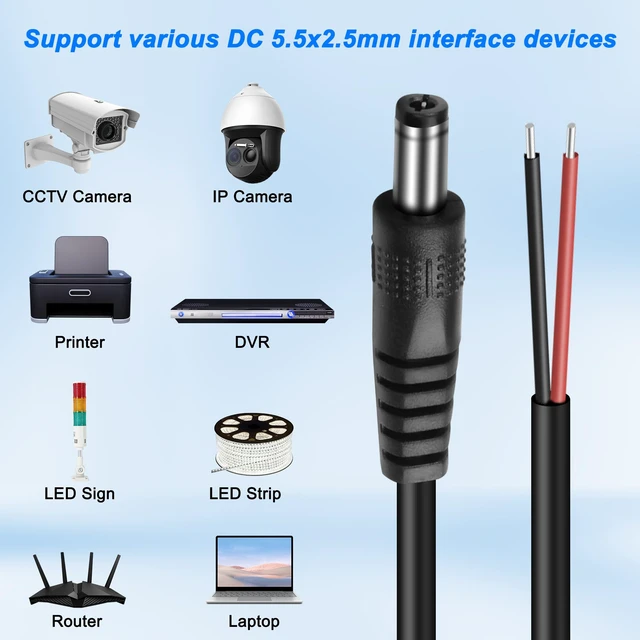 Alt view image 6 of 7 - 5Pack DC 5.5mm x 2.5mm Male Plug to Bare Wire Open End Power Wire Supply 5521 Pigtail Repair Replacement Cable for CCTV Camera, DVR, LED Strip Light - 1M/3.3FT (Male)
