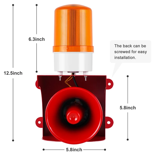 Alt view image 6 of 6 - Industrial Siren Alarm 120dB, Waterproof Outdoor Strobe Warning Light, Siren with Light for Office, Home, Factory, Warehouse, Intruders, Emergency, Tornado, Animal Deterrent 110V