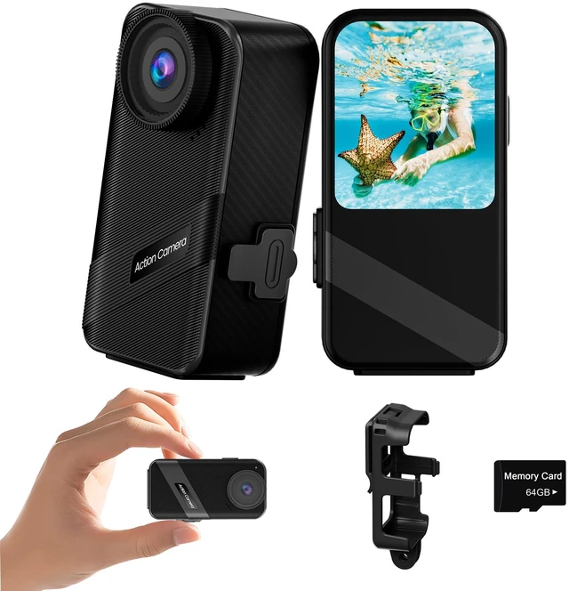 Main image of 4K60FPS Mini Action Camera, HD Thumb Camera with 64G SD Card, POV Portable Body Cam Wearable Video Recorder, IPX8 Waterproof Underwater Camcorder, Helmet Cam for Cycling,Motorcycle, Pet