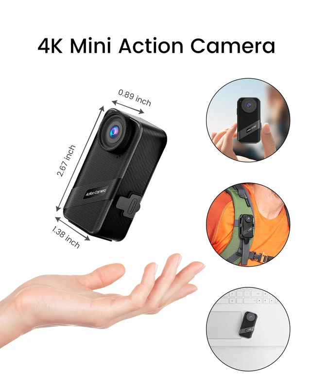 Alt view image 2 of 6 - 4K60FPS Mini Action Camera, HD Thumb Camera with 64G SD Card, POV Portable Body Cam Wearable Video Recorder, IPX8 Waterproof Underwater Camcorder, Helmet Cam for Cycling,Motorcycle, Pet