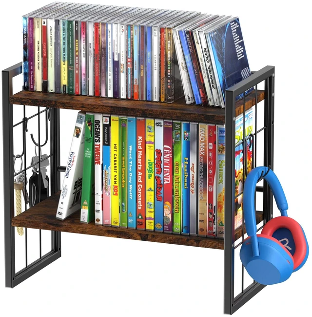 Main image of 2-Tier CD Storage Rack, DVD Storage Display Rack with 4 Hooks CD Holder Shelf, CD Organizer Tower, Holds Up to 25 DVDs or 37 CDs, DVD Display Stand with 26 Ib, for Music Enthusiasts
