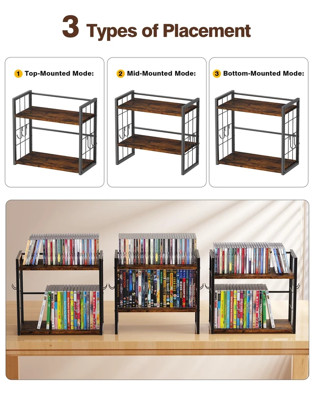 Alt view image 6 of 7 - 2-Tier CD Storage Rack, DVD Storage Display Rack with 4 Hooks CD Holder Shelf, CD Organizer Tower, Holds Up to 25 DVDs or 37 CDs, DVD Display Stand with 26 Ib, for Music Enthusiasts