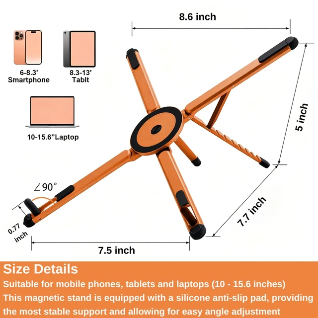 Alt view image 2 of 7 - Magnetic Phone Holder & Foldable Laptop Riser, Matte Black Aluminum MultiDevice Desk Mount, N52 MagSafe Stand, Ergonomic Laptop Elevator for MacBook iPad iPhone Travel Office
