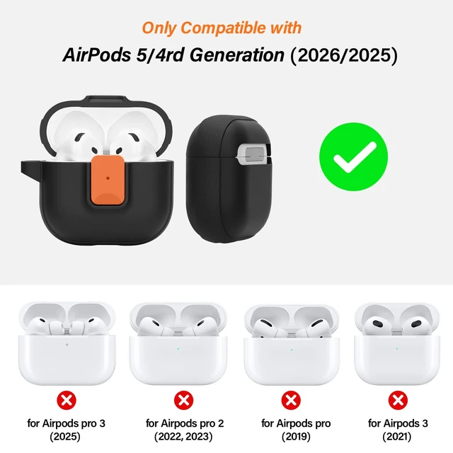Alt view image 2 of 7 - Case for AirPods 5/4 (2026/2024) with Security Locking, Black Orange for Apple AirPod 5/AirPod 4 Case with Security Locking, Compatible with MagSafe, Full Rugged Protective Cover