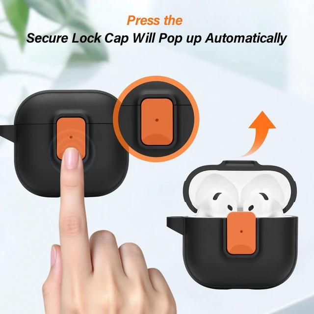 Alt view image 4 of 7 - Case for AirPods 5/4 (2026/2024) with Security Locking, Black Orange for Apple AirPod 5/AirPod 4 Case with Security Locking, Compatible with MagSafe, Full Rugged Protective Cover