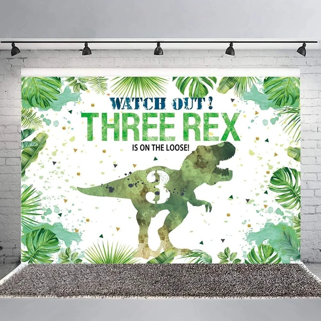 Main image of 7×5ft Three-rex Birthday Backdrop for Boys Dinosaur 3rd Birthday Green Leaf Background 3 Years Old Dinosaur Theme Party Banner Decorations