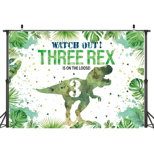 Alt view image 3 of 5 - 7×5ft Three-rex Birthday Backdrop for Boys Dinosaur 3rd Birthday Green Leaf Background 3 Years Old Dinosaur Theme Party Banner Decorations