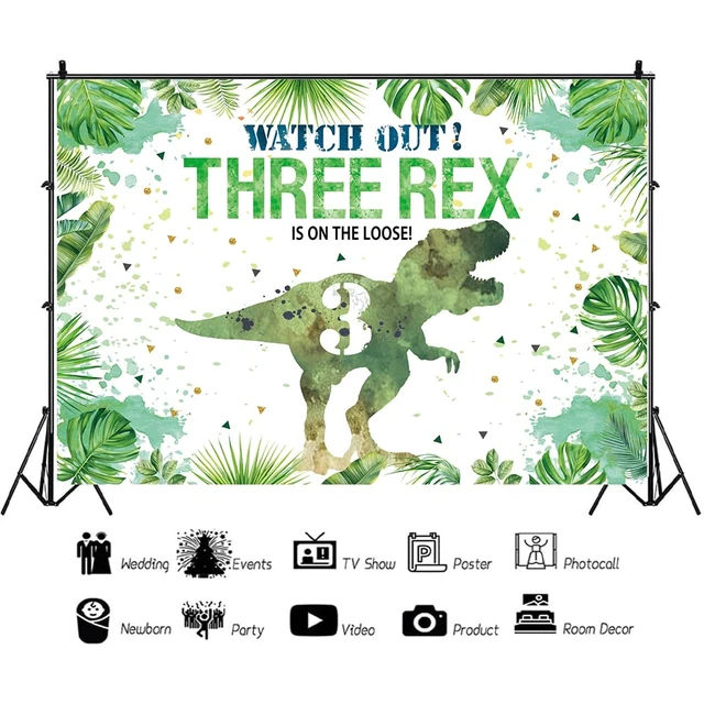 Alt view image 2 of 5 - 7×5ft Three-rex Birthday Backdrop for Boys Dinosaur 3rd Birthday Green Leaf Background 3 Years Old Dinosaur Theme Party Banner Decorations