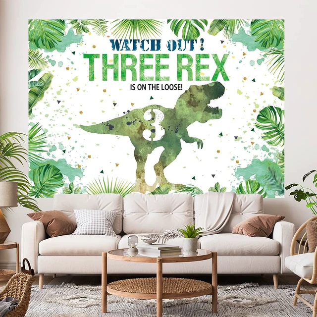Alt view image 4 of 5 - 7×5ft Three-rex Birthday Backdrop for Boys Dinosaur 3rd Birthday Green Leaf Background 3 Years Old Dinosaur Theme Party Banner Decorations