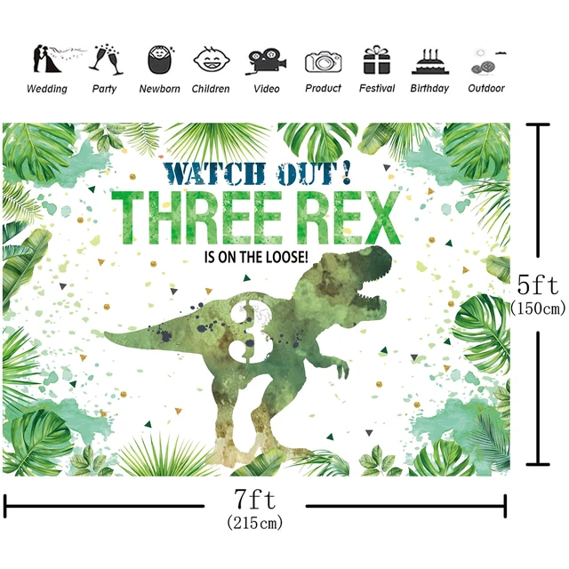 Alt view image 5 of 5 - 7×5ft Three-rex Birthday Backdrop for Boys Dinosaur 3rd Birthday Green Leaf Background 3 Years Old Dinosaur Theme Party Banner Decorations
