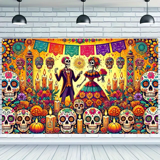 Main image of Dia de Los Muertos Banner 71x43 in Skull Decor Day of the Dead Background and Sugar Skull Fiesta Banner for Fiesta, Photo Booth and Wall, Skull Illustration