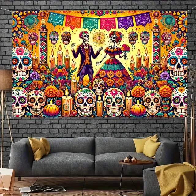 Alt view image 2 of 5 - Dia de Los Muertos Banner 71x43 in Skull Decor Day of the Dead Background and Sugar Skull Fiesta Banner for Fiesta, Photo Booth and Wall, Skull Illustration