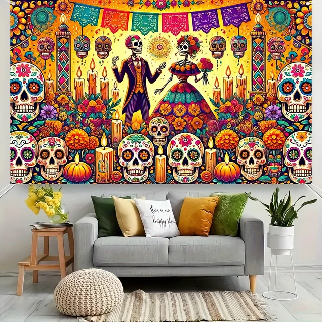 Alt view image 3 of 5 - Dia de Los Muertos Banner 71x43 in Skull Decor Day of the Dead Background and Sugar Skull Fiesta Banner for Fiesta, Photo Booth and Wall, Skull Illustration